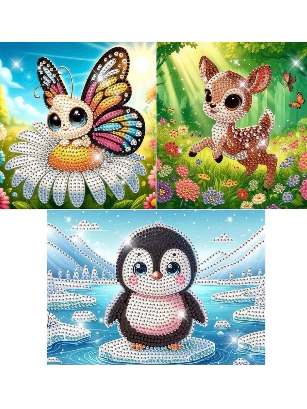 Diamond Art Kit 3 pc penquin baby deer butterfly new bead craft kit